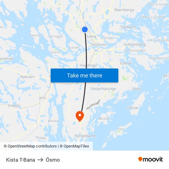 Kista T-Bana to Ösmo map