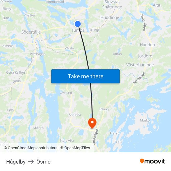 Hågelby to Ösmo map