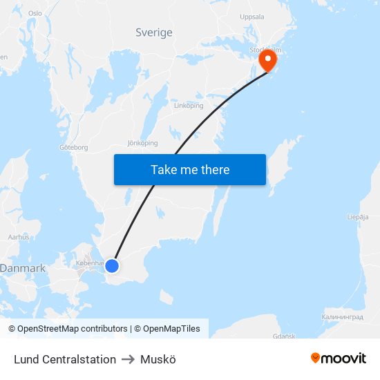 Lund Centralstation to Muskö map