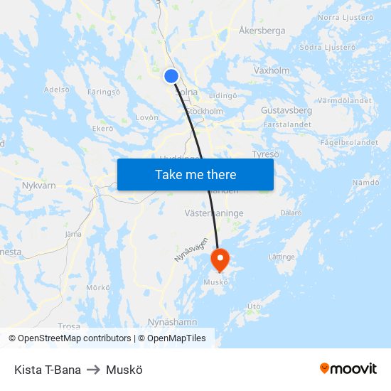 Kista T-Bana to Muskö map