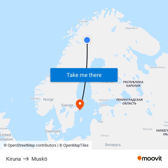 Kiruna to Muskö map