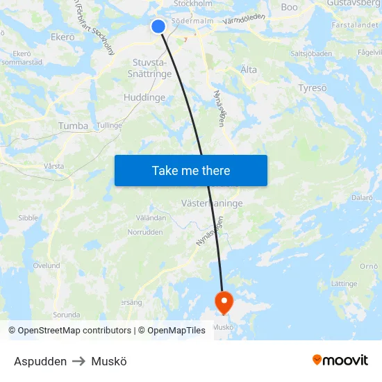 Aspudden to Muskö map