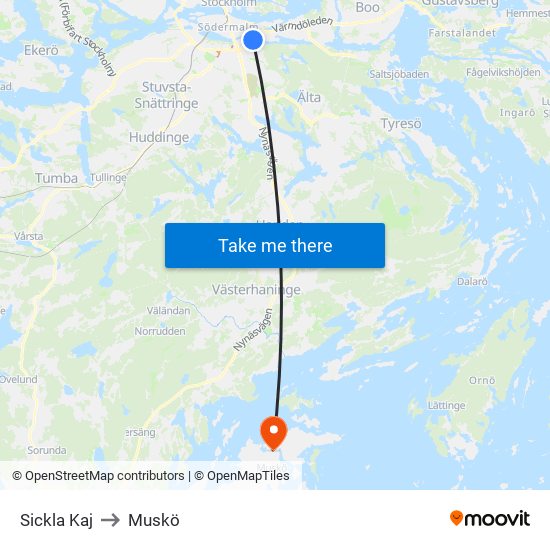 Sickla Kaj to Muskö map