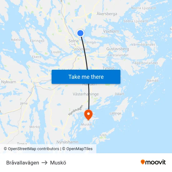 Bråvallavägen to Muskö map