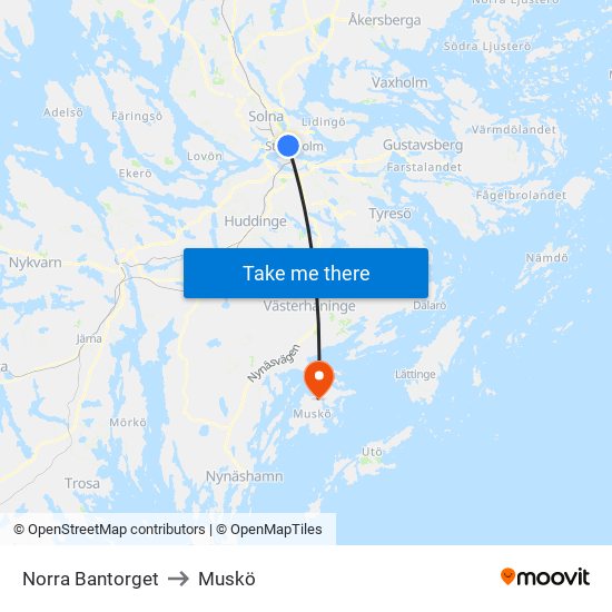 Norra Bantorget to Muskö map