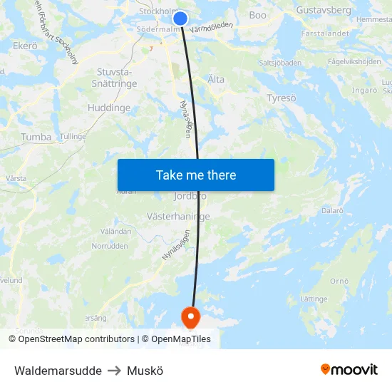 Waldemarsudde to Muskö map
