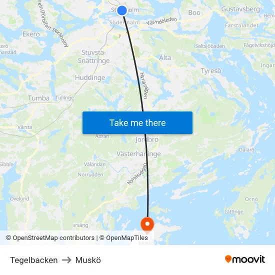 Tegelbacken to Muskö map