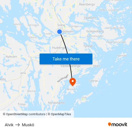 Alvik to Muskö map
