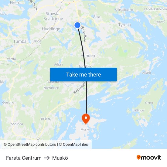 Farsta Centrum to Muskö map