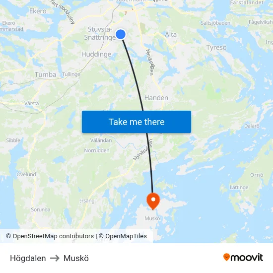 Högdalen to Muskö map