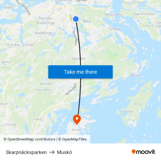 Skarpnäcksparken to Muskö map