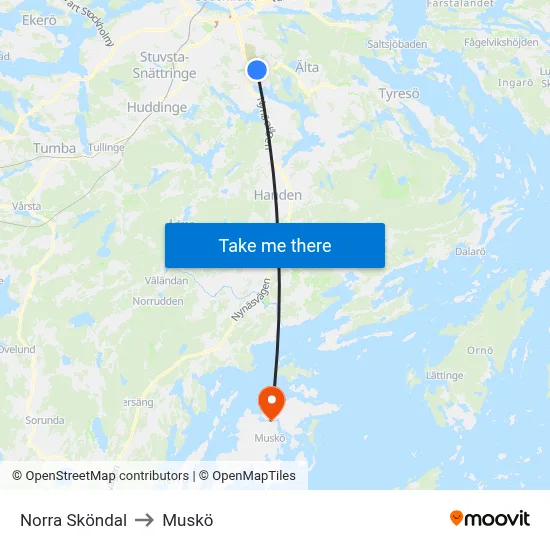 Norra Sköndal to Muskö map