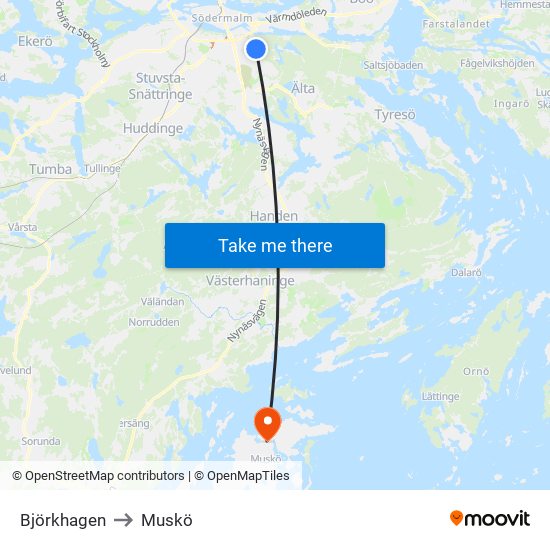 Björkhagen to Muskö map