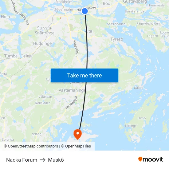 Nacka Forum to Muskö map