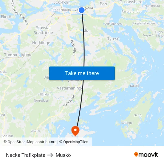 Nacka Trafikplats to Muskö map