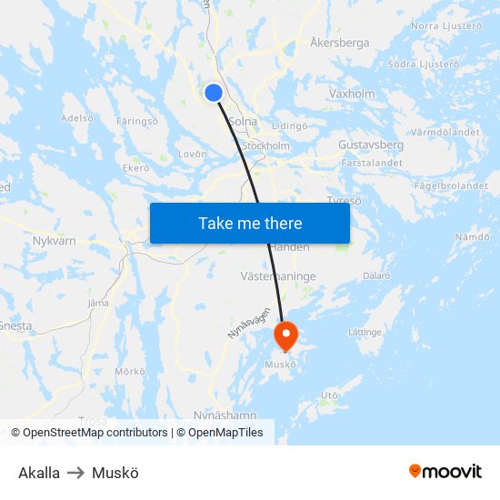 Akalla to Muskö map