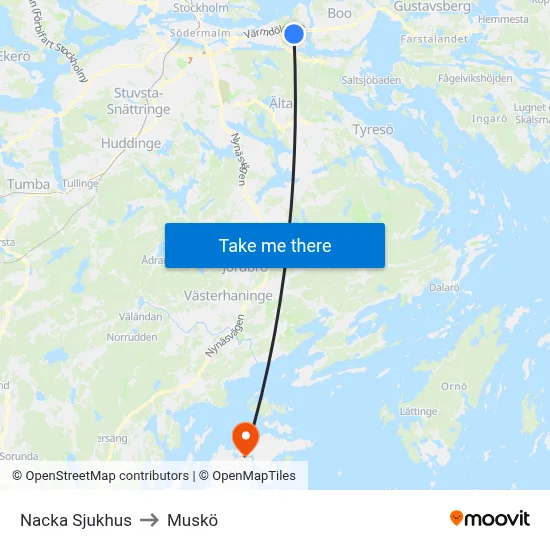 Nacka Sjukhus to Muskö map