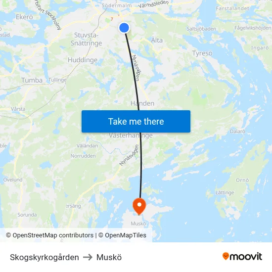 Skogskyrkogården to Muskö map