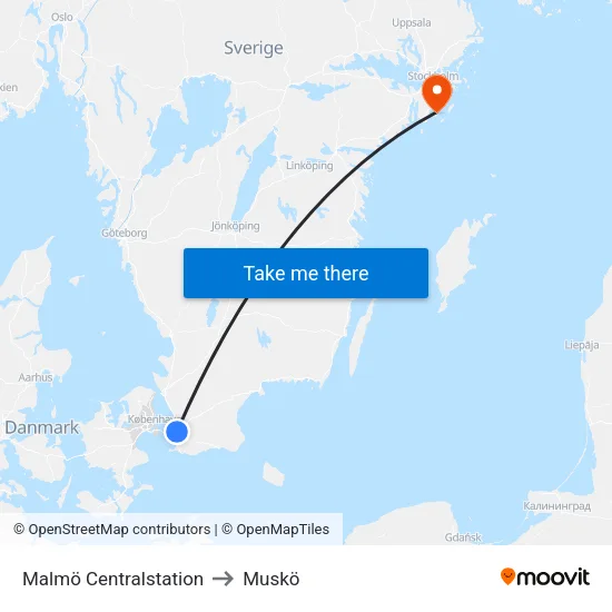 Malmö Centralstation to Muskö map