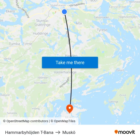 Hammarbyhöjden T-Bana to Muskö map