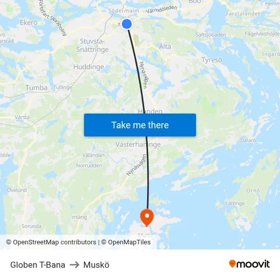 Globen T-Bana to Muskö map