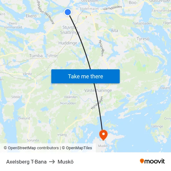 Axelsberg T-Bana to Muskö map