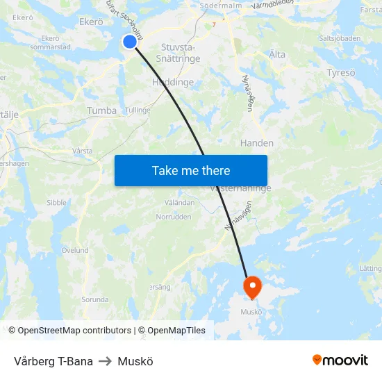Vårberg T-Bana to Muskö map