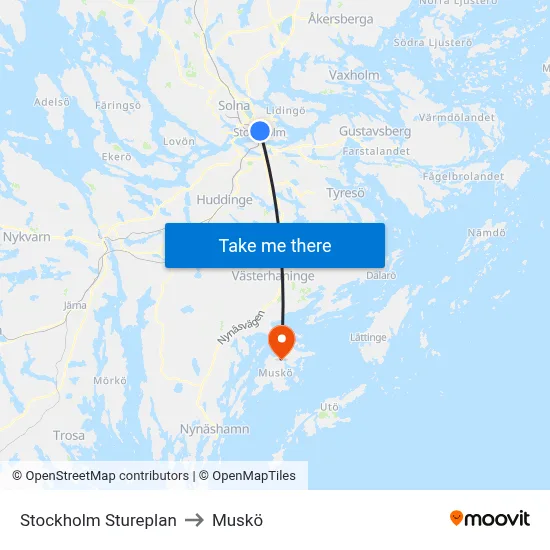 Stockholm Stureplan to Muskö map