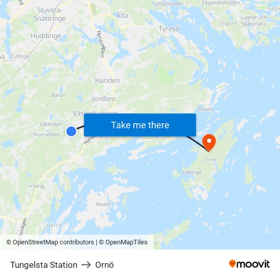 Tungelsta Station to Ornö map