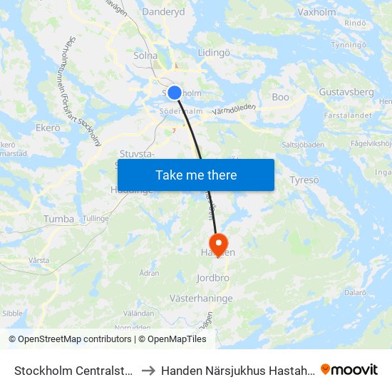 Stockholm Centralstation to Handen Närsjukhus Hastahanesi map