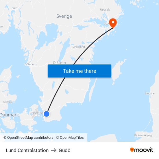 Lund Centralstation to Gudö map