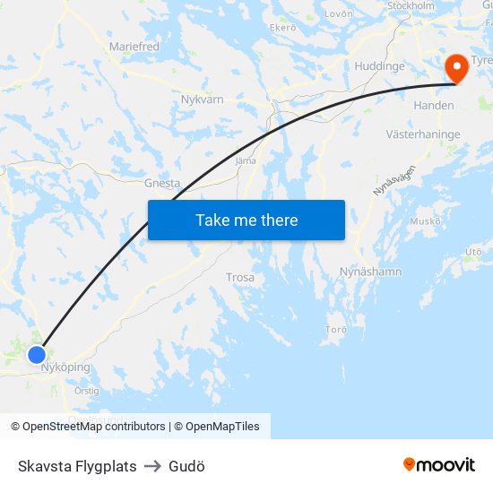 Skavsta Flygplats to Gudö map