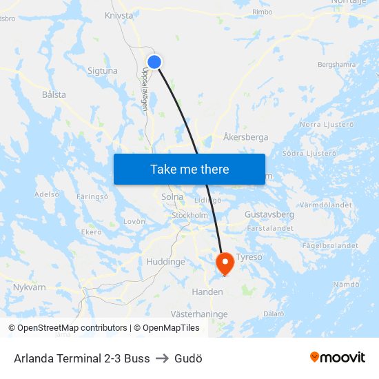 Arlanda Terminal 2-3 Buss to Gudö map