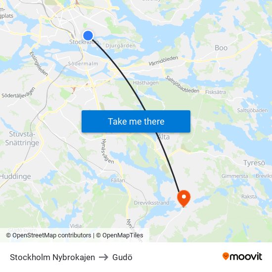 Stockholm Nybrokajen to Gudö map
