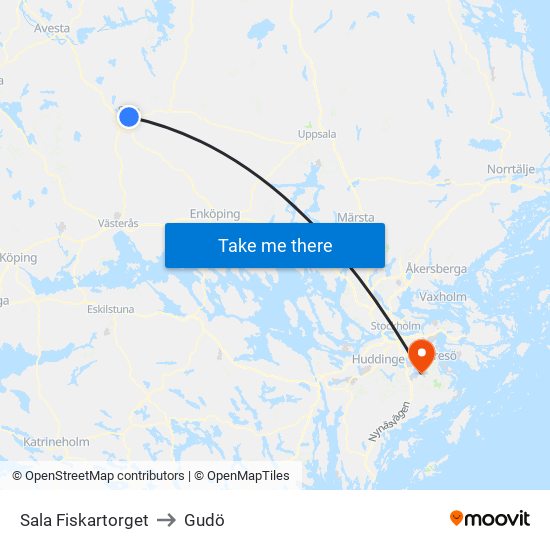 Sala Fiskartorget to Gudö map