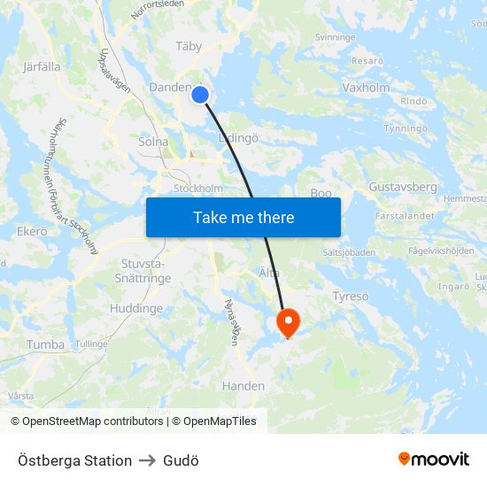 Östberga Station to Gudö map