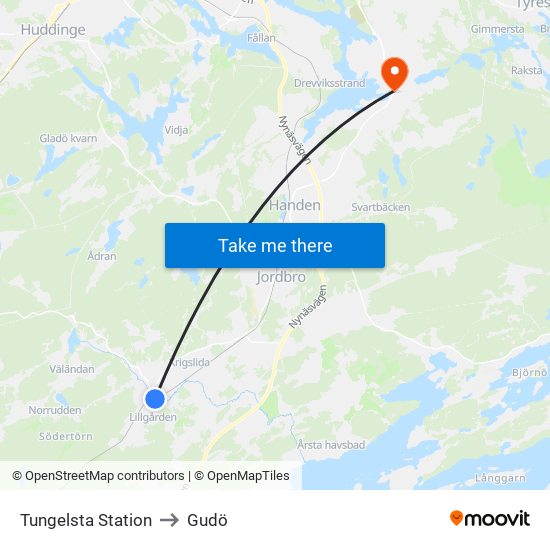 Tungelsta Station to Gudö map