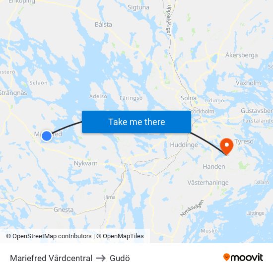 Mariefred Vårdcentral to Gudö map