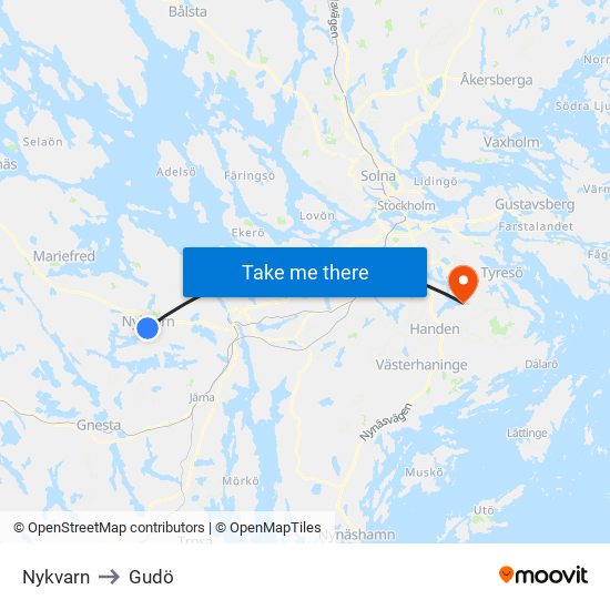 Nykvarn to Gudö map