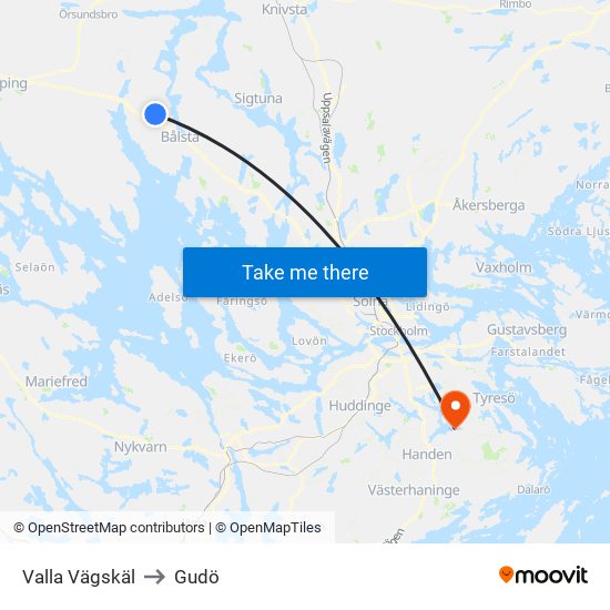 Valla Vägskäl to Gudö map