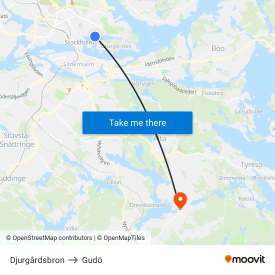 Djurgårdsbron to Gudö map