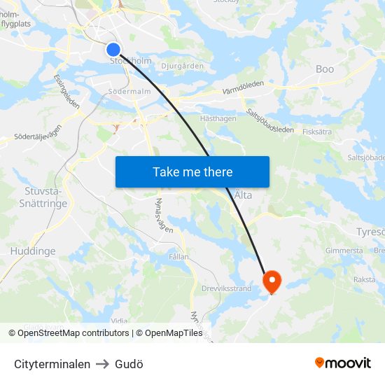 Cityterminalen to Gudö map