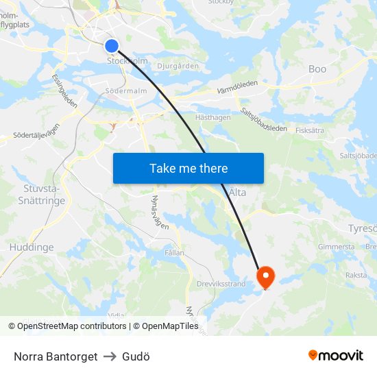Norra Bantorget to Gudö map