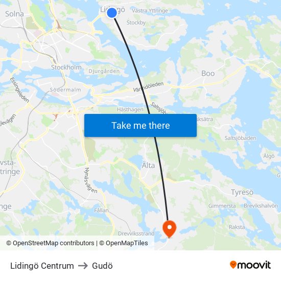 Lidingö Centrum to Gudö map