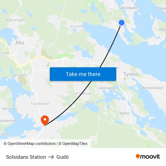 Solsidans Station to Gudö map