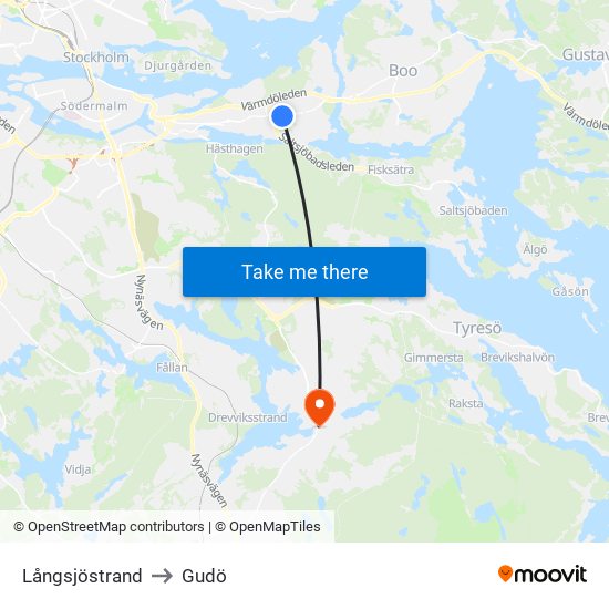 Långsjöstrand to Gudö map