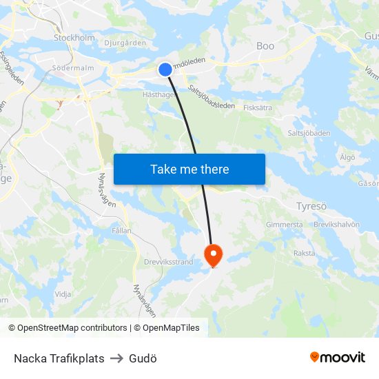 Nacka Trafikplats to Gudö map