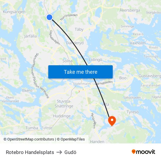 Rotebro Handelsplats to Gudö map