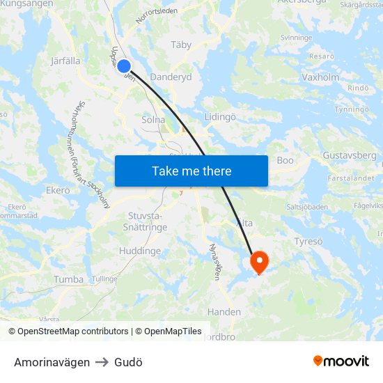 Amorinavägen to Gudö map