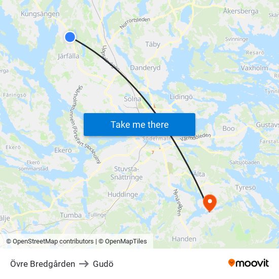 Övre Bredgården to Gudö map